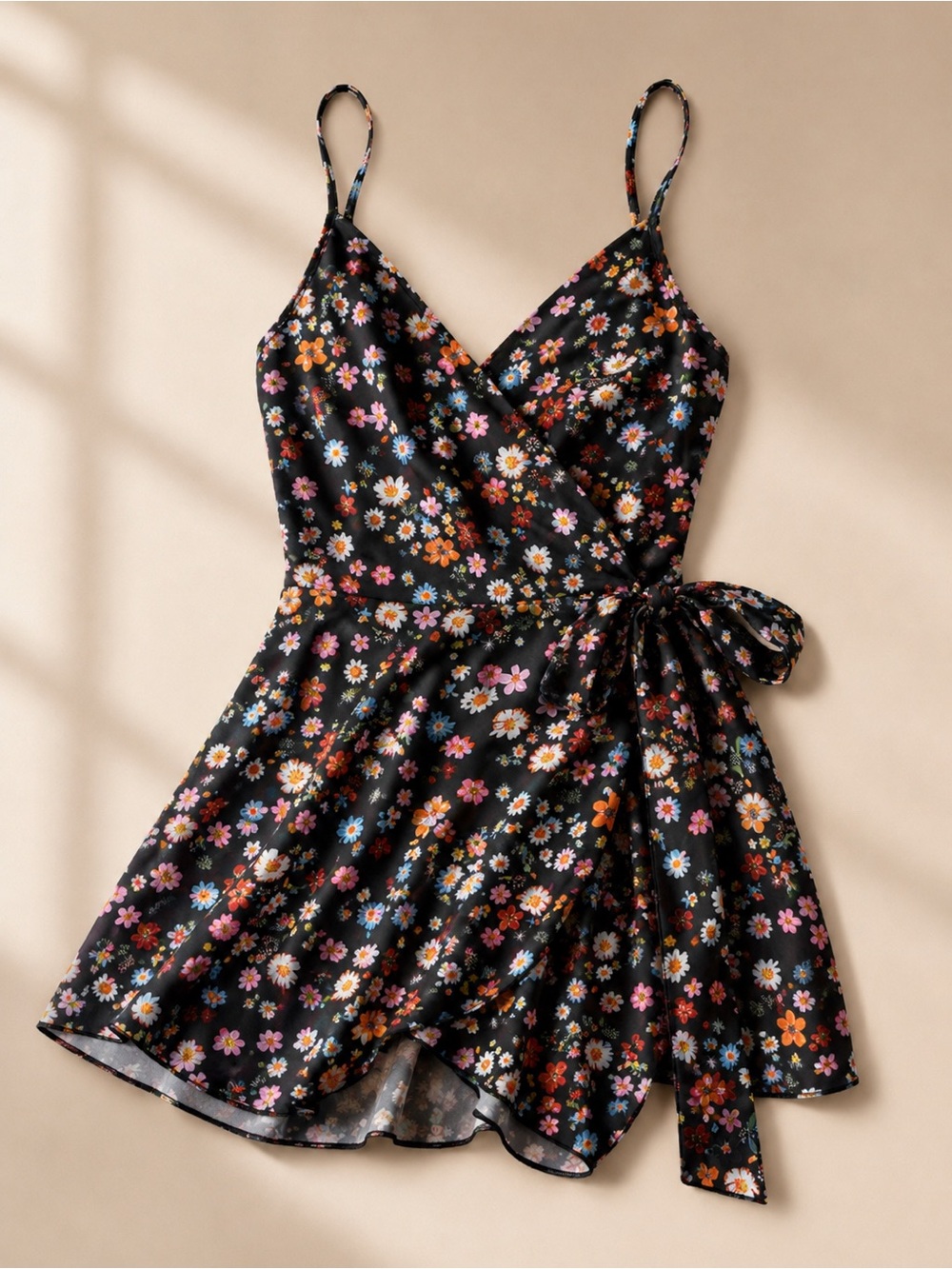 Floral Wrap One-Piece Swimsuit with Tie - Black Floral